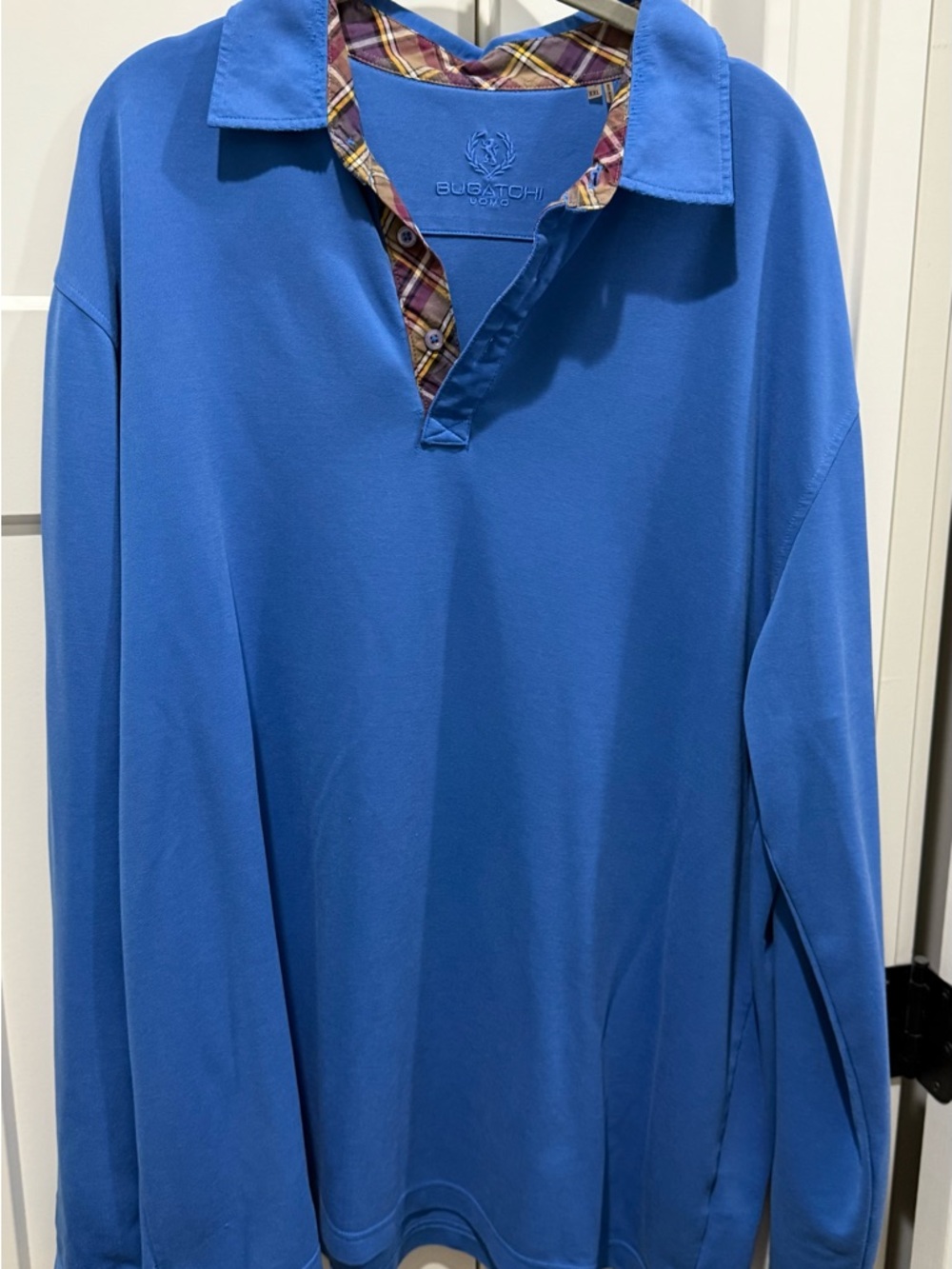 Bugatchi Men's Royal Blue Long-Sleeve Polo with Plaid Collar